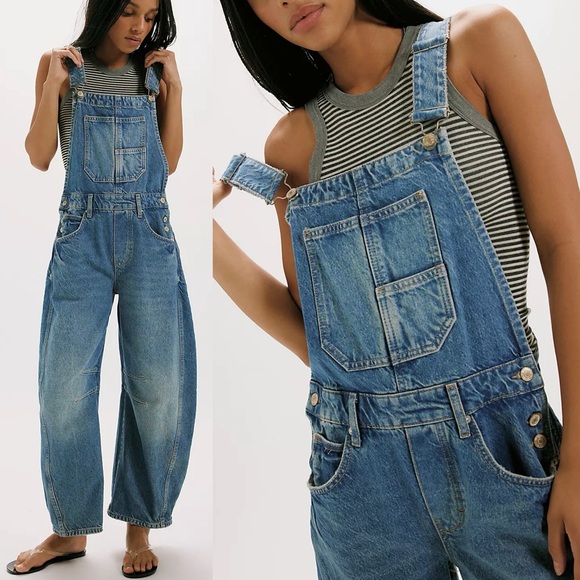 Free People Denim - Free People We The Free Good Luck Barrel Overalls Ultra Light Beam Large Blue